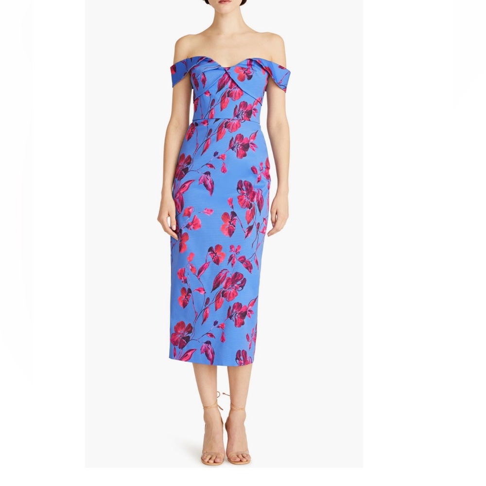 Monique Lhullier Olivia Floral Off the Shoulder Faille Midi Dress Size 8
